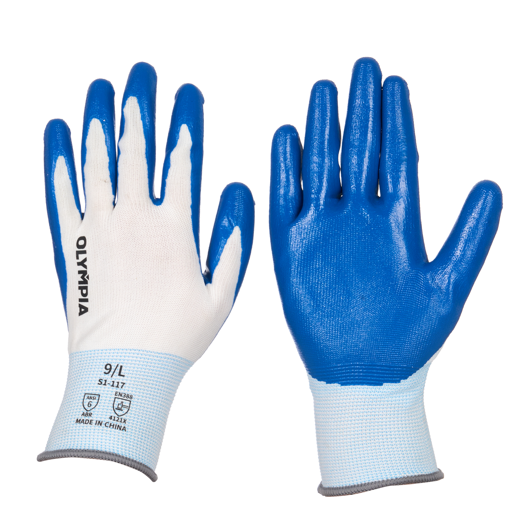Nitrile Dipped Knit Gloves, L/9, Smooth, White/Blue, 12 Pairs