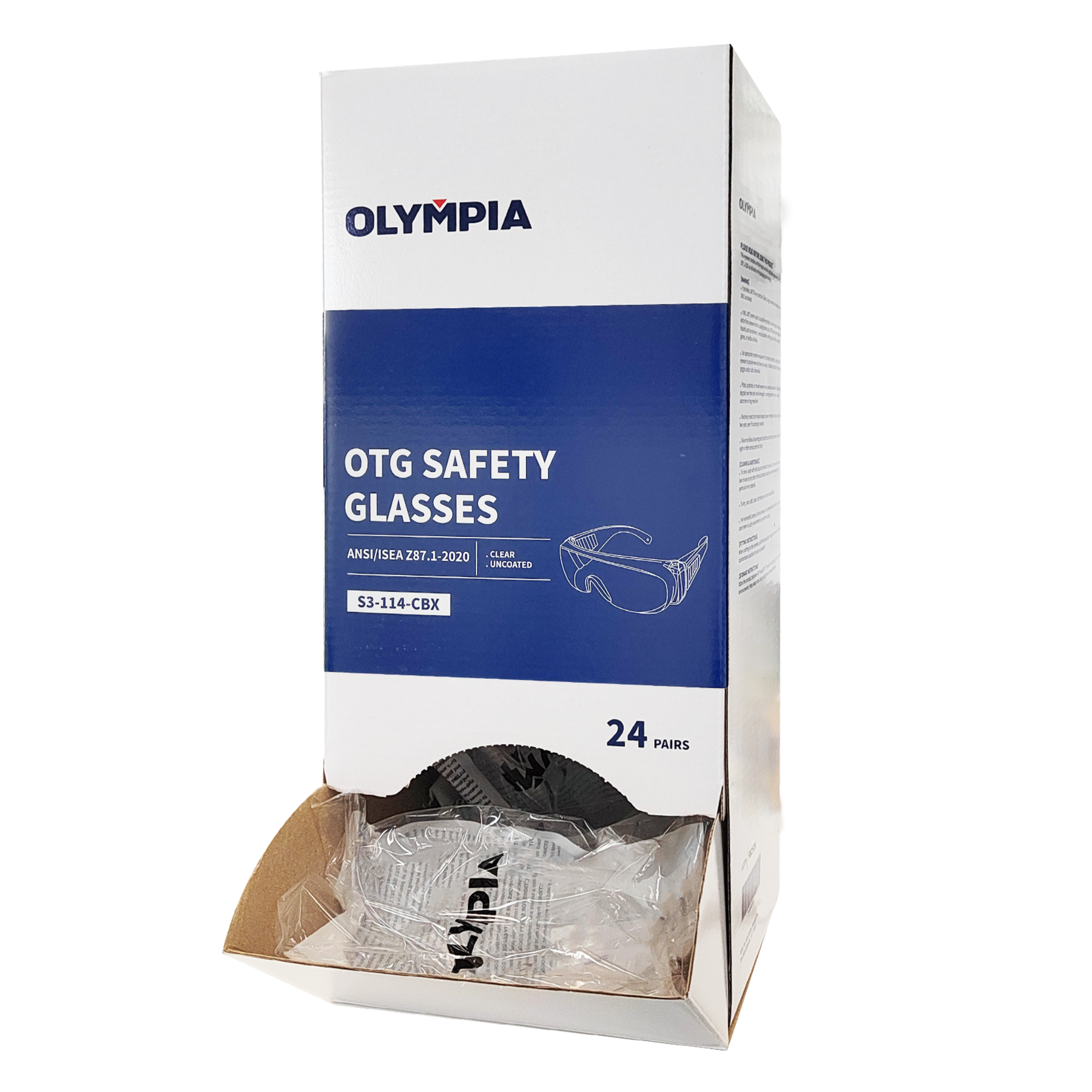 OTG Safety Glasses, Frameless, Clear, Dispenser Box, 24 pairs