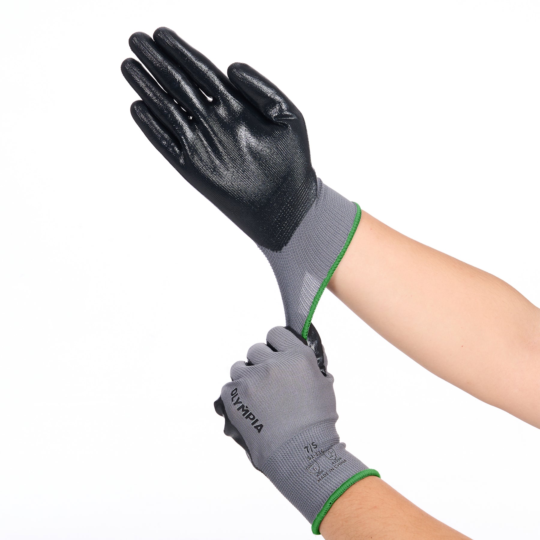 Nitrile Dipped Knit Gloves, S/7, Smooth, Gray/Black, 12 Pairs