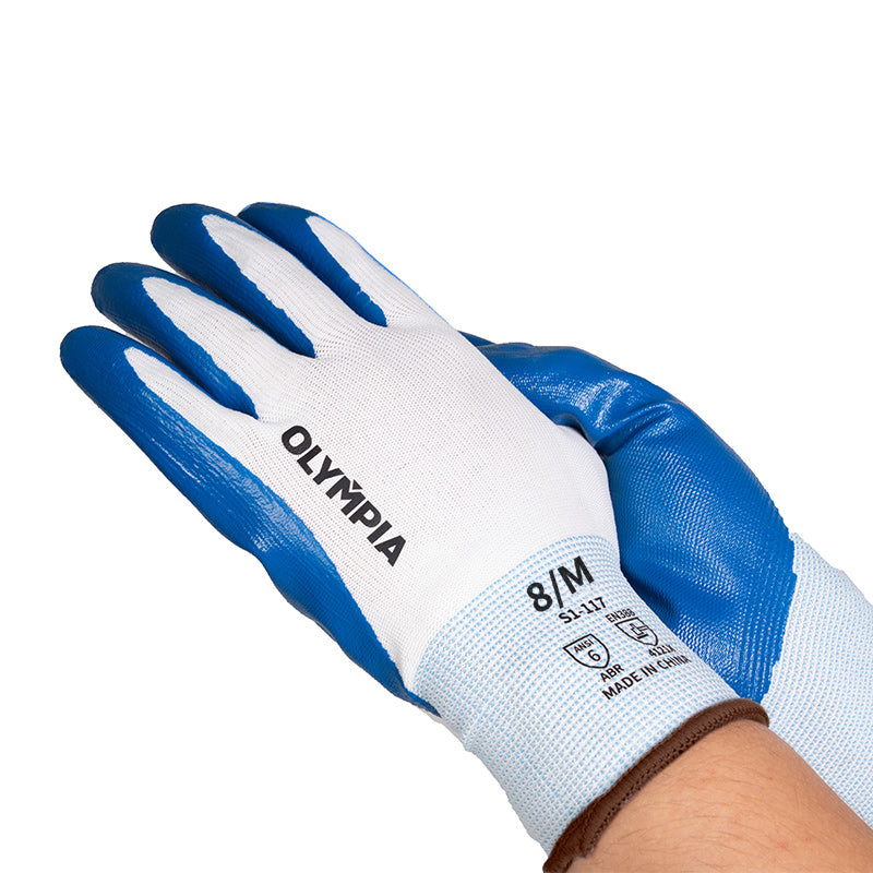 Nitrile Dipped Knit Gloves, M/8, Smooth, White/Blue, 12 Pairs