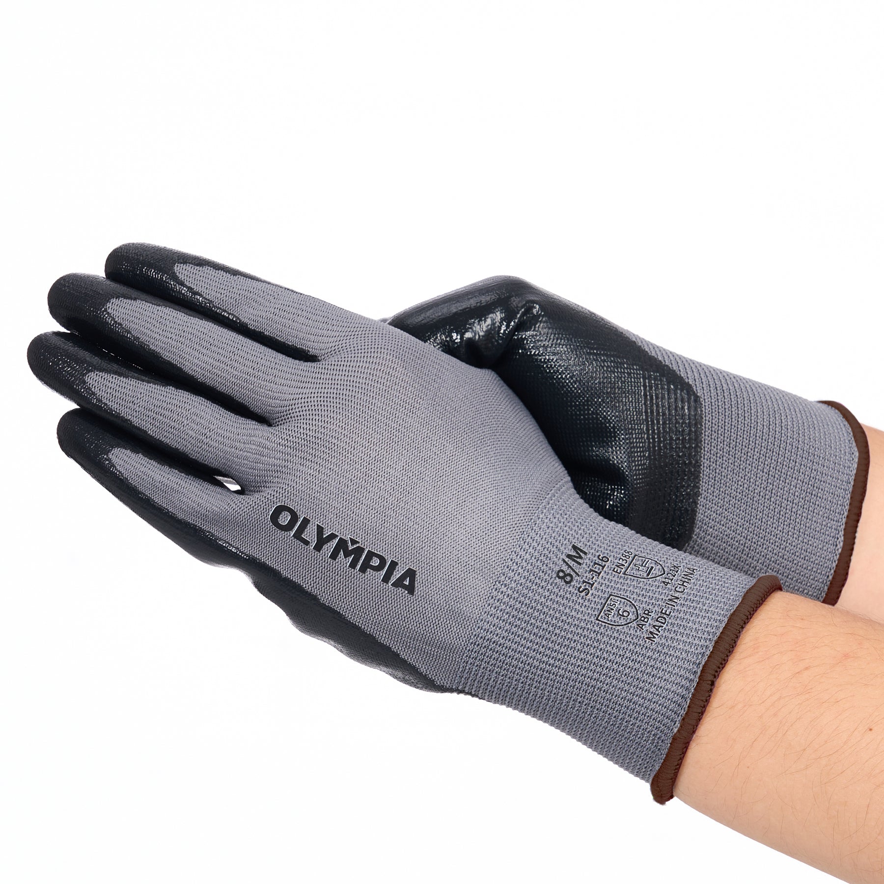 Nitrile Dipped Knit Gloves, M/8, Smooth, Gray/Black, 12 Pairs