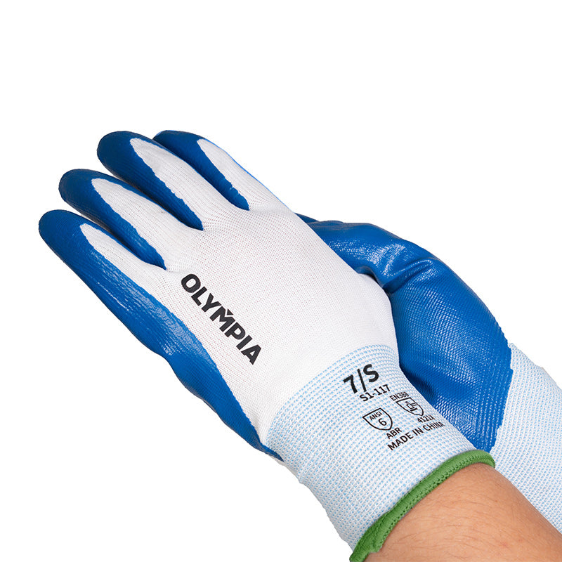 Nitrile Dipped Knit Gloves, S/7, Smooth, White/Blue, 12 Pairs